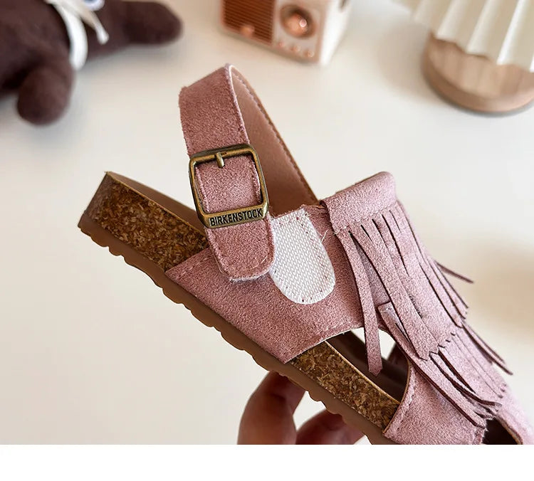 Summer Peep Toe Tassel Children Shoes Girls Sandals Soft Bottom Flat Heel Buckle Girl's Shoes Back Strape Slingbacks Shoe I05285