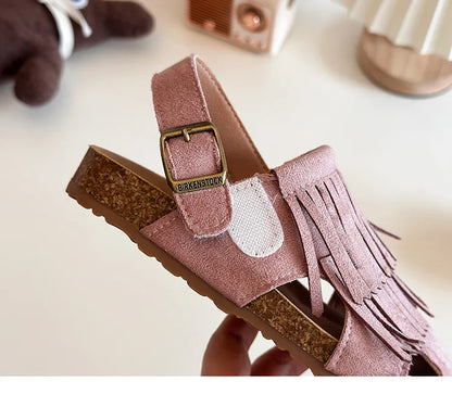 Summer Peep Toe Tassel Children Shoes Girls Sandals Soft Bottom Flat Heel Buckle Girl's Shoes Back Strape Slingbacks Shoe I05285