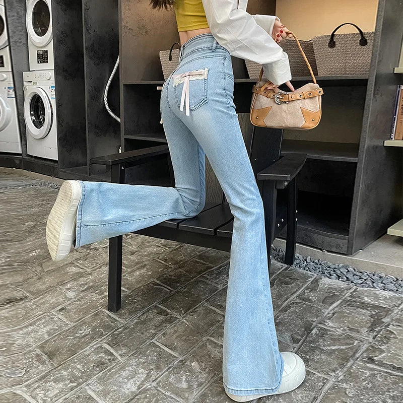 Stretch Spice Girls Bow Lace Splicing Micro Jeans