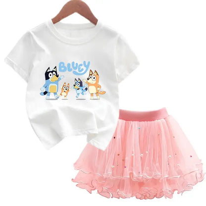 2Pcs/Set Girl Dress Kid Birthday Clothes Party Princess Dress Cartoon T-shirt+Tutu Skirt Summer Evening Christmas Gift