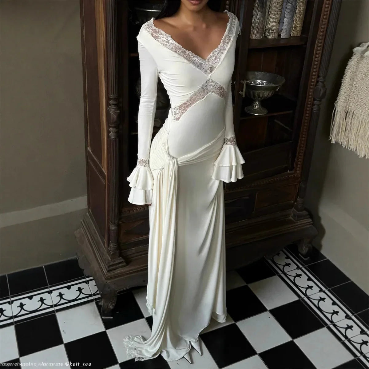 Slim Draped Ruched Hollow Out Maxi Dresses for Women Patchwork Lace V Neck Long Sleeve Long Dress Female Party Club Evening Robe