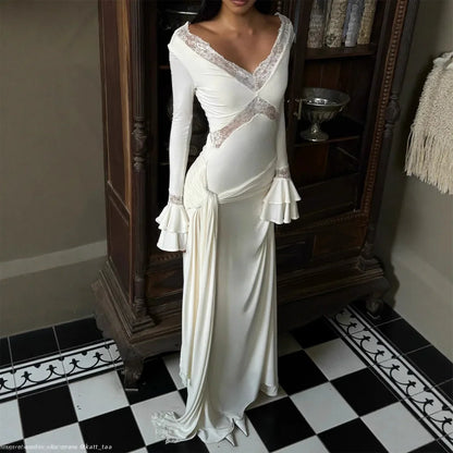 Slim Draped Ruched Hollow Out Maxi Dresses for Women Patchwork Lace V Neck Long Sleeve Long Dress Female Party Club Evening Robe
