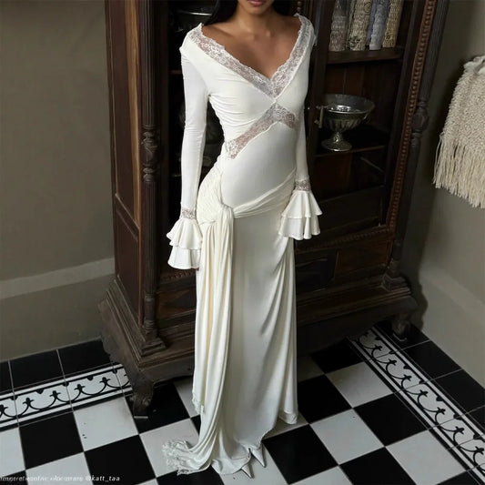 Slim Draped Ruched Hollow Out Maxi Dresses for Women Patchwork Lace V Neck Long Sleeve Long Dress Female Party Club Evening Robe