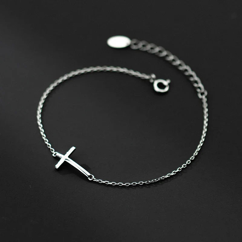 Real 925 Sterling Silver Smooth Cross Bracelet For Women Shiny Link Chain Bracelet Fine Jewelry Valentine's Day Gift