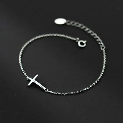 Real 925 Sterling Silver Smooth Cross Bracelet For Women Shiny Link Chain Bracelet Fine Jewelry Valentine's Day Gift