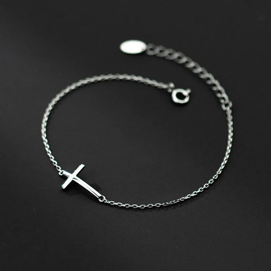 Real 925 Sterling Silver Smooth Cross Bracelet For Women Shiny Link Chain Bracelet Fine Jewelry Valentine's Day Gift