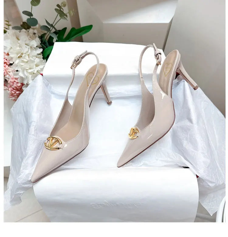 Thin heeled Baotou sandals for women's summer 2026 new style, pointed back strap, metal buckle, versatile high-heeled sandals
