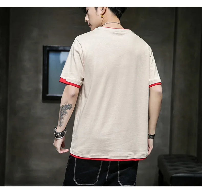 Classic Fake Two Short Sleeved Men's Pure Cotton T-shirt, Men's Summer Men's Interior Matching Trendy Brand T-shirt