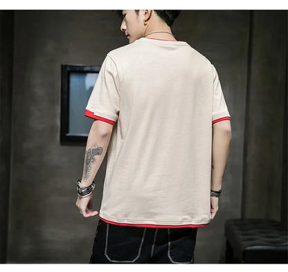 Classic Fake Two Short Sleeved Men's Pure Cotton T-shirt, Men's Summer Men's Interior Matching Trendy Brand T-shirt