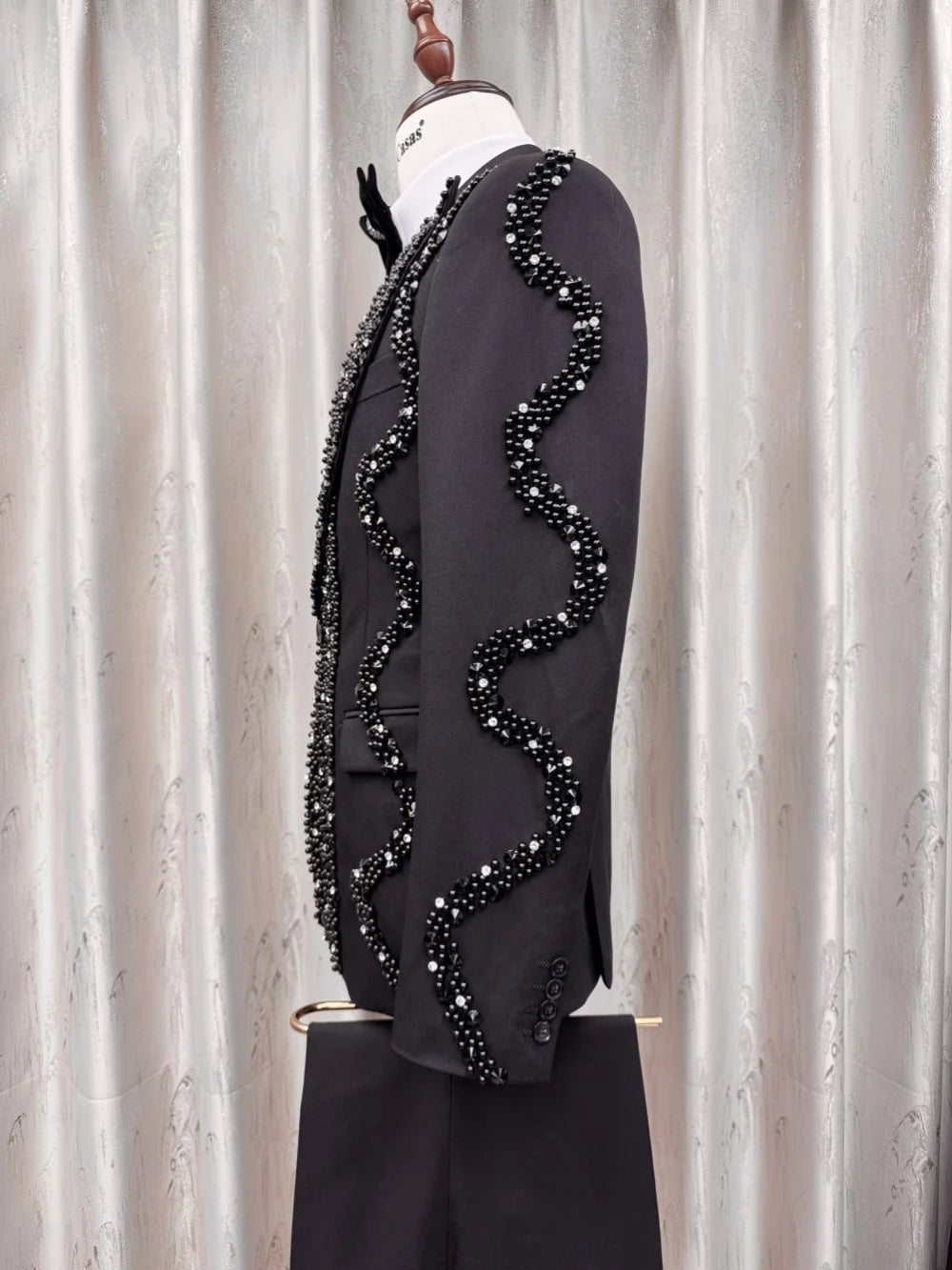 Black Gorgeous Pearls Suit Set 3 Pieces For Men Banquet Party Wear Handsome Elegant Men's Slim Fit Suits Wedding Groom Sets