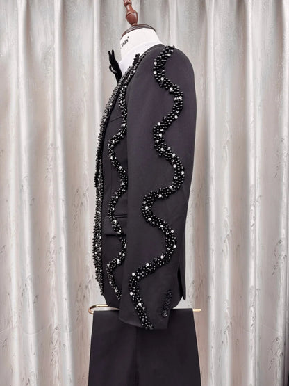 Black Gorgeous Pearls Suit Set 3 Pieces For Men Banquet Party Wear Handsome Elegant Men's Slim Fit Suits Wedding Groom Sets