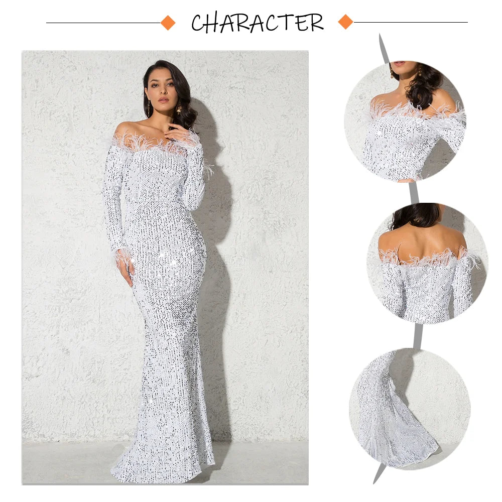 Sparkle Sequin Green Feathers Maxi Cocktail Dress Mermaid Off Shoulder Long Sleeves Stretch Wedding Party Gown Dresses 2025