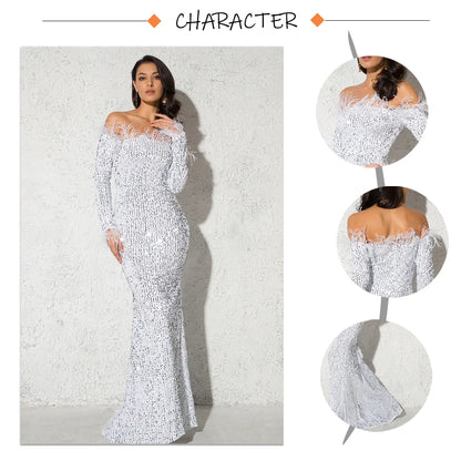 Sparkle Sequin Green Feathers Maxi Cocktail Dress Mermaid Off Shoulder Long Sleeves Stretch Wedding Party Gown Dresses 2025