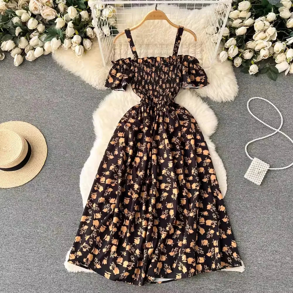 Romantic Floral Print Long Summer Dress Women Fashion Off Shoulders Straps Vacation Beach Dress Korean Party Vestidos