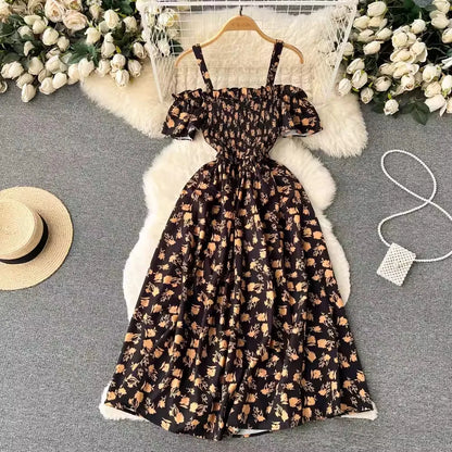 Romantic Floral Print Long Summer Dress Women Fashion Off Shoulders Straps Vacation Beach Dress Korean Party Vestidos