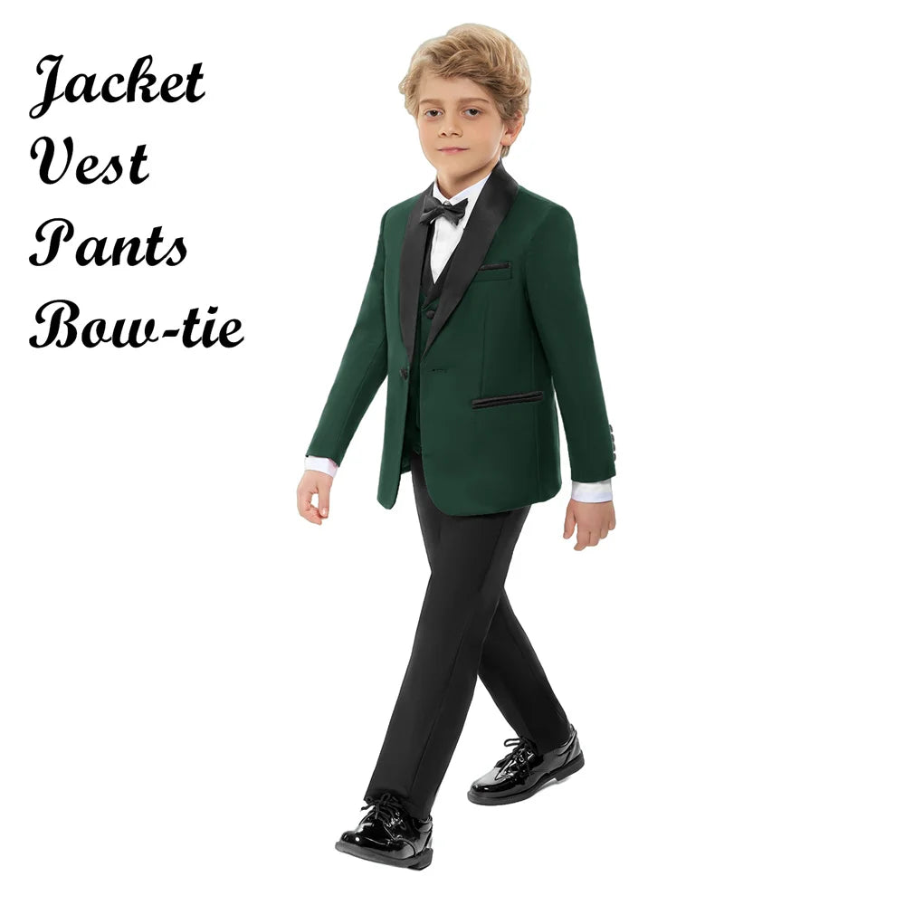 Hot Selling Stylish Emerald Green Boys Formal Suit Set 3-14 Years 4 Piece Kids Wedding Tuxedo Blazer Vest Pants Bow Tie