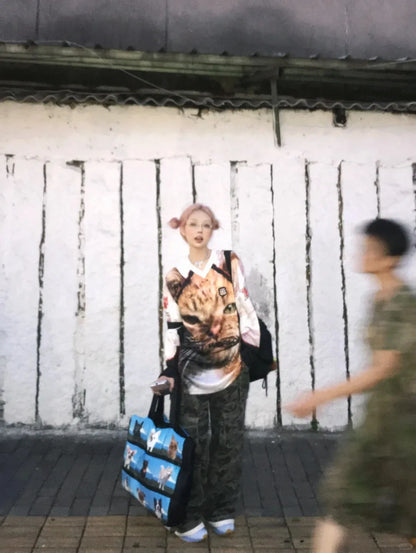 Japanese Y2k Kitten Print Jersey T-shirt Vintage Harajuku V-neck Long Sleeve Cat Tops American Retro Streetwear 2000s