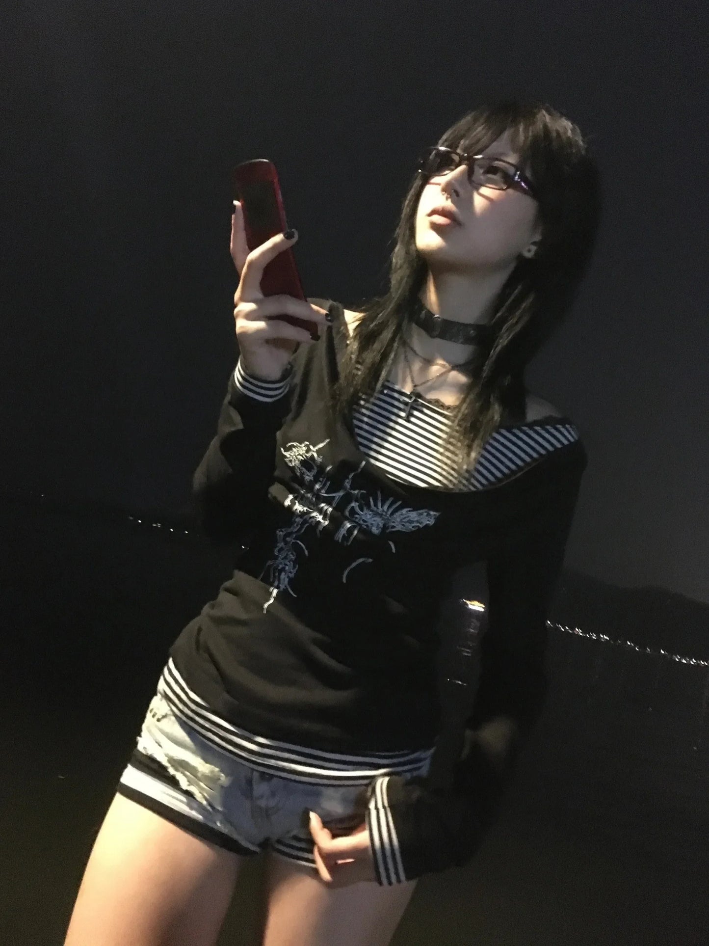 Japanese Y2k Fake Two-piece Tops Trashy 2000s Tattoo Print T-shirt Grunge Aesthetics Patchwork T Shirts Gothic Vintage
