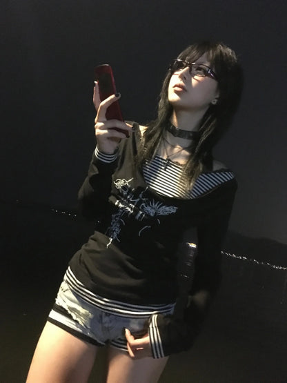 Japanese Y2k Fake Two-piece Tops Trashy 2000s Tattoo Print T-shirt Grunge Aesthetics Patchwork T Shirts Gothic Vintage