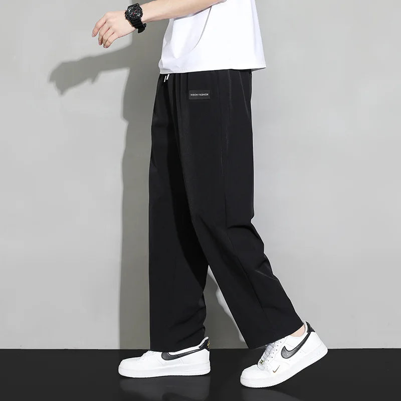 Men Drawstring Casual Pants Loose Drape Wide-leg Athleisure Pants Men Summer Thin Quick-drying Trousers Ice Silk Straight Pants