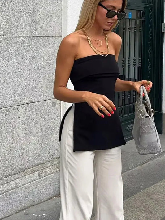 Women's Summer Strapless Corset Side Zipper Tube Tops Elegant Solid Vintage Off Shoulder Lady Sexy Backless Bustiers Top