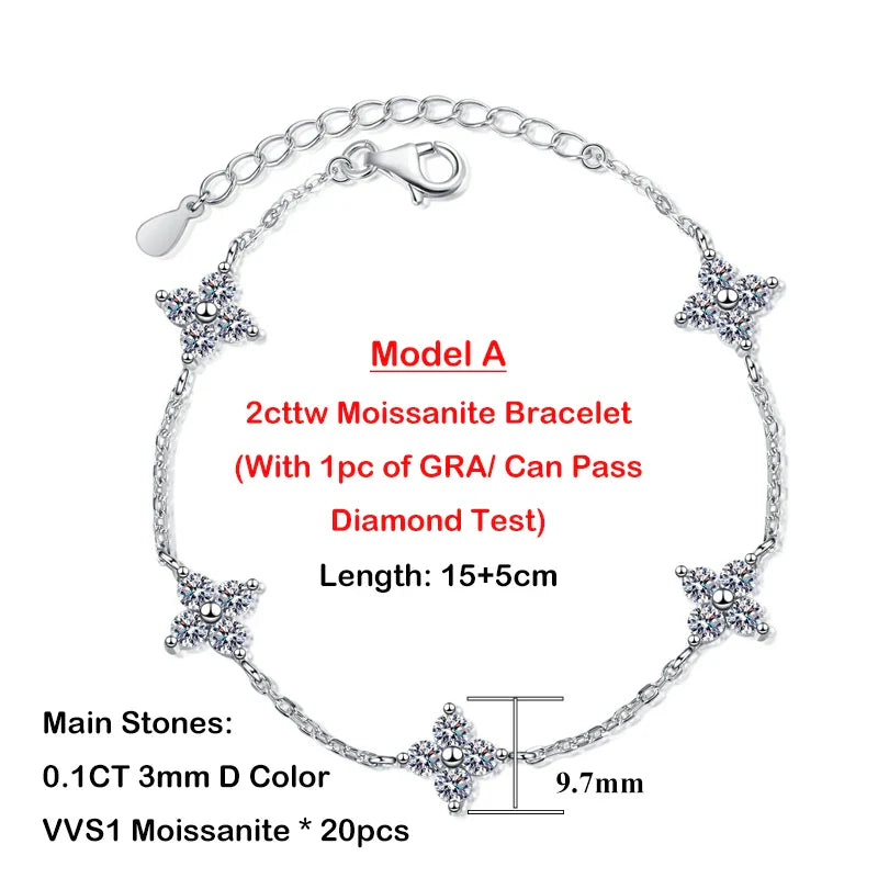 4-Leaf Clover GRA Certified 0.9cttw D Color Moissanite Diamond Bracelet for Woman 925 Silver Link Bracelets Fine Jewelry