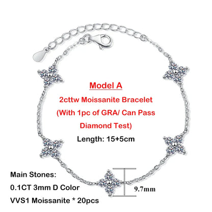 4-Leaf Clover GRA Certified 0.9cttw D Color Moissanite Diamond Bracelet for Woman 925 Silver Link Bracelets Fine Jewelry