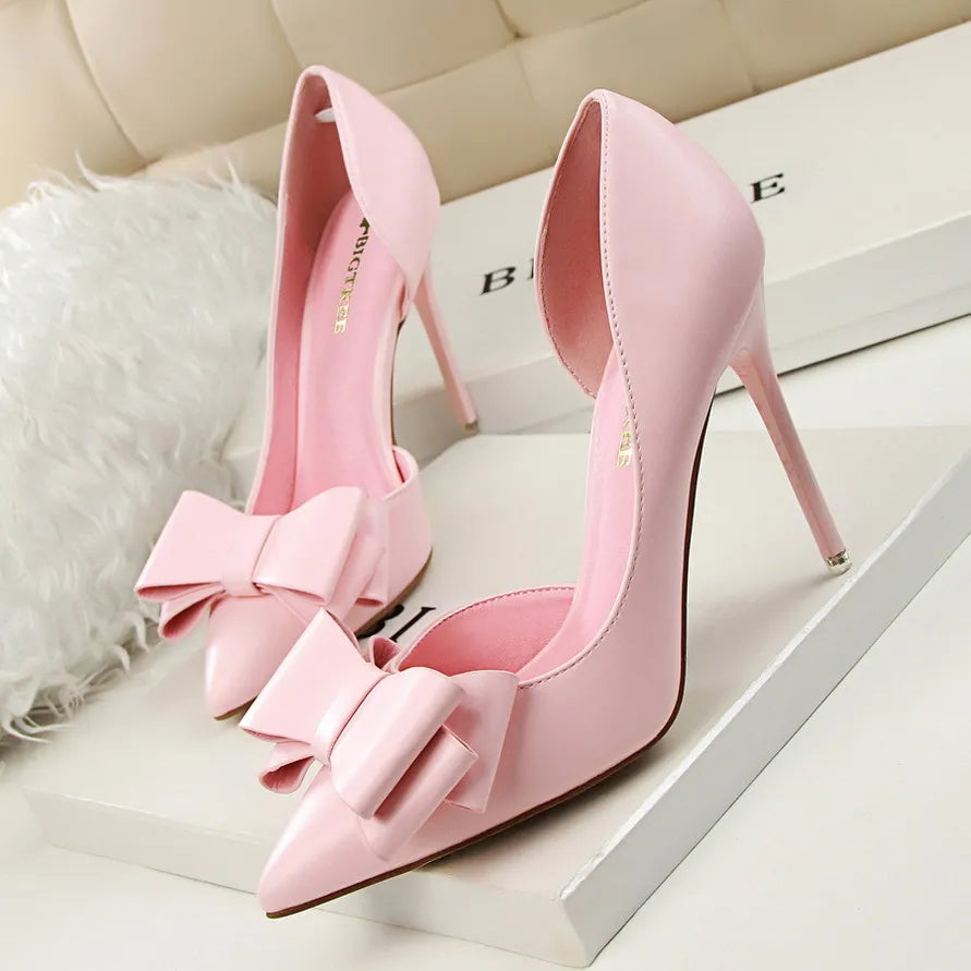 Women 7.5cm 10cm High Heels Korean Pumps Scarpins Cute Bow Middle Low Heels Lady Fetish Sweet Wedding Bridal Yellow Blue Shoes