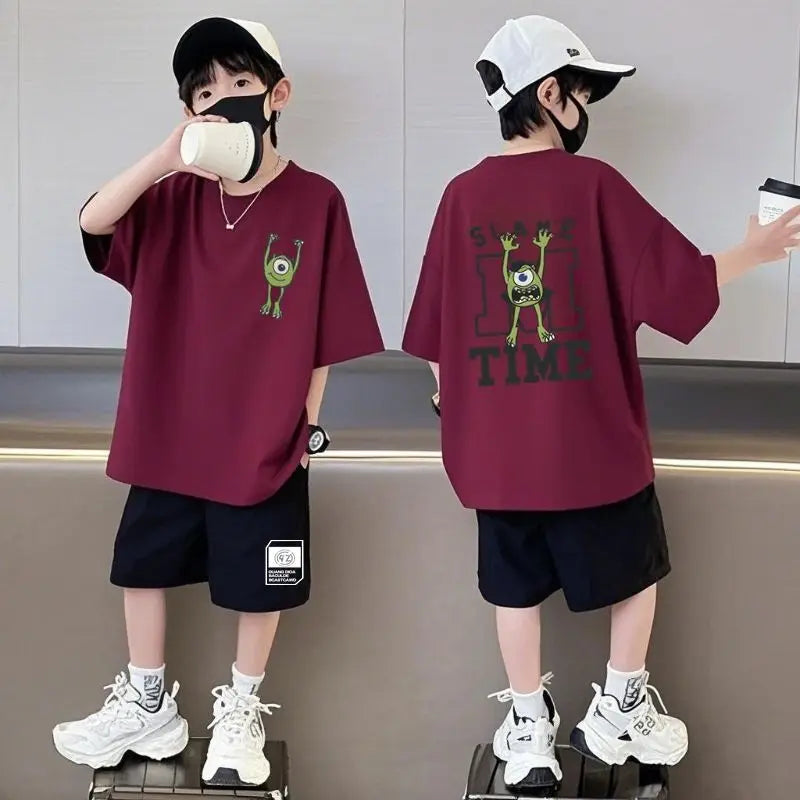 Summer Kids Boys T-Shirt+Shorts 2-Piece Set Printing Children Teen Loose Comfortable Sports Casual Clothes 7-17 Years Old