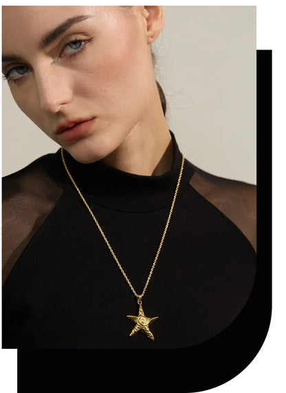 316L Stainless Steel Starfish Pendant Necklace Rust Proof Statement 18K Gold PVD Plated Individualistic Holiday Jewelry