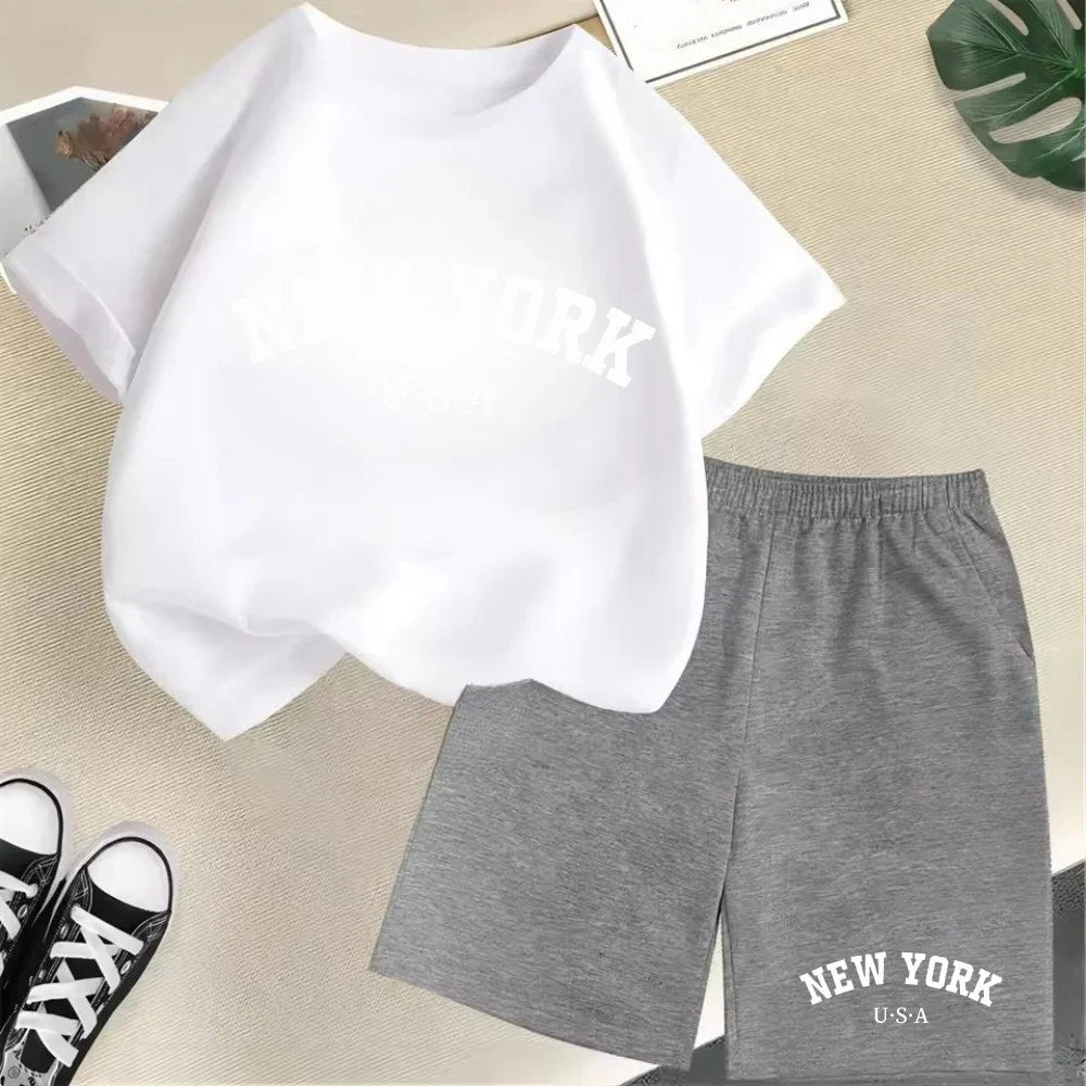 Summer Short Sleeve New York USA Letter Graphic Kid Tshirt +shorts 2pcs Set Baby Boy Girl Clothes Sport Cotton Children Outfit