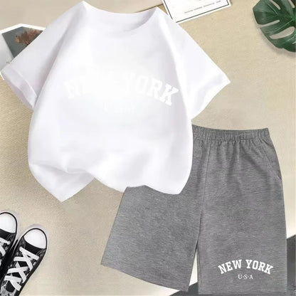 Summer Short Sleeve New York USA Letter Graphic Kid Tshirt +shorts 2pcs Set Baby Boy Girl Clothes Sport Cotton Children Outfit
