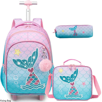 Children's Wheeled Backpack Bag Set with Lunch Box School Rolling Backpack Bag with Wheels School Trolley Backpack Bag for Girls