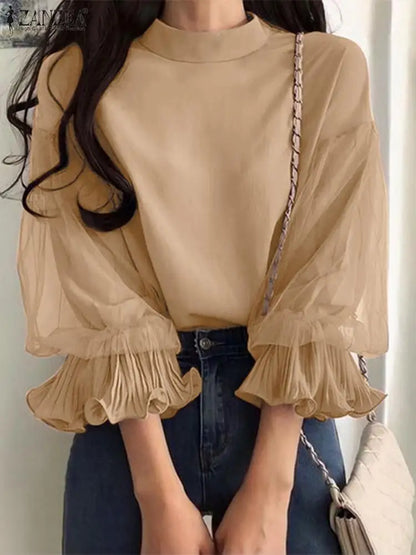 Women Elegant Party Blouse Chic Mesh Ruffle 3/4 Sleeve Tops 2025 Autumn Designer Stand Collar Shirts Korean Loose Tunics