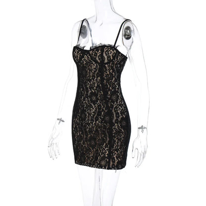 Sexy See Through Lace Spaghetti Strap Mini Dresses Women Package Hip Bodycon Party Night Club Dress Female Streetwear Vestidos