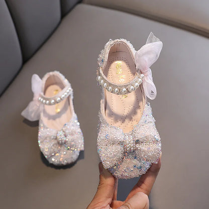 Toddler Girl's Princess Shoes Sequins Lace Bowknot 21-36 Children Mary Janes Three Colors Luxury Trendy Party Kids Shoes Flats