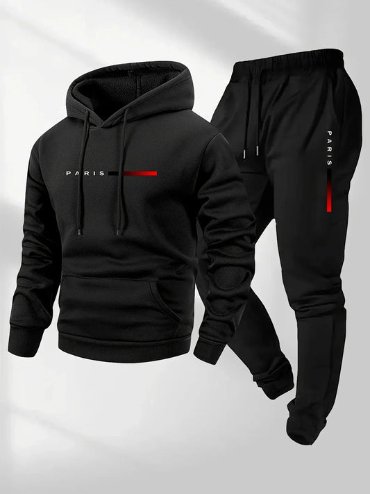 PARIS Letter Print Sweatshirt Suit Men's Fleece Hoodie Pants Set Spring Autumn Winter Warm Casual Sports Pullover Trousers Sets