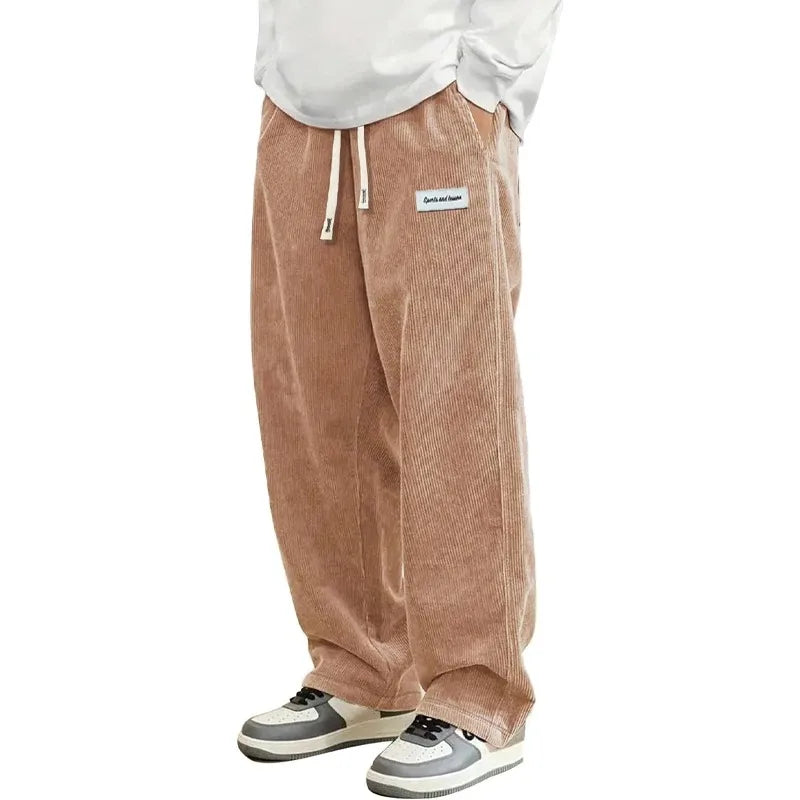 New Mens Corduroy Casual Pants Fashion Loose Fit Baggy Pants Straight Sweatpants Elastic Waist Drawstring Outdoor Streetwear