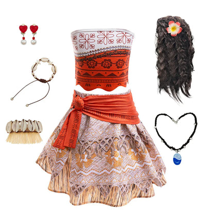 Moana Cosplay Dress For Girl New Little Girl Two Piece Suit Children Geometric Print Clothes Halloween Carnival Outfit Moana