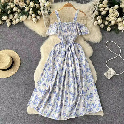 Romantic Floral Print Long Summer Dress Women Fashion Off Shoulders Straps Vacation Beach Dress Korean Party Vestidos