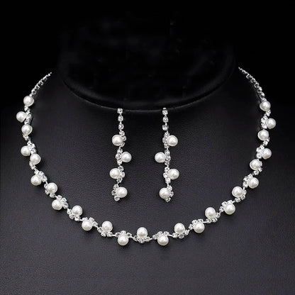 Silver Color Pearl Crystal Bridal Jewelry Sets Wave Shape Choker Necklace Earrings Sets for Women Wedding Jewelry Sets