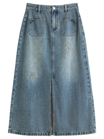2026 Summer Women‘s Starfish Embroidered Denim Midi Skirt, Vintage A-Line Long Skirt Office Commute Versatile Daily Style