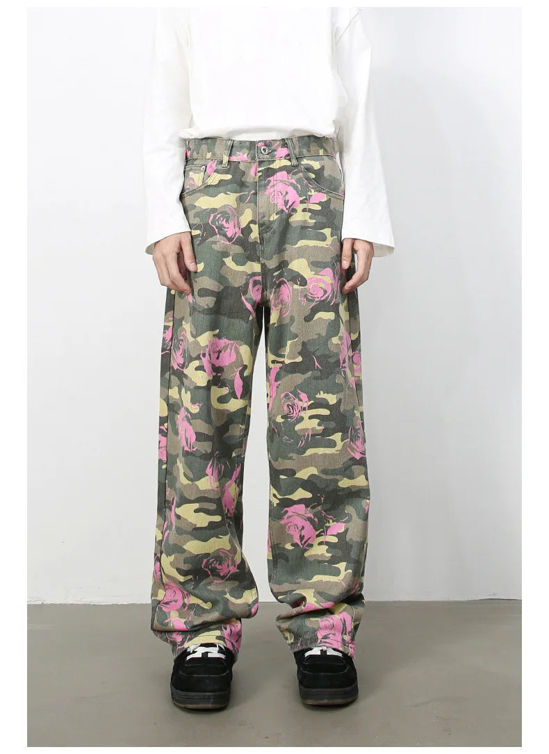 Tide Camouflage Jeans Men's Ins Loose Straight Wide Leg Casual Denim Pants Loose Male Trousers 12C2036
