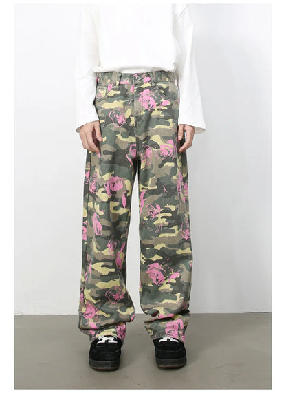 Tide Camouflage Jeans Men's Ins Loose Straight Wide Leg Casual Denim Pants Loose Male Trousers 12C2036