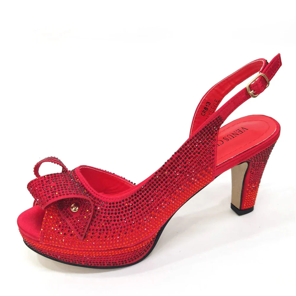 Newest INS Style Peach Color Rhinestone Elegant High Heels Nigeria Popular Design African Ladies Shoes And Bag Set