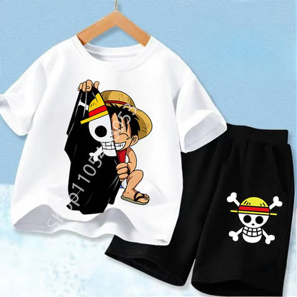 Summer Short Sleeve Clothes Set Anime Boy Girl T Shirt Shorts 2pcs One Piece Kids Outfit Chopper Luffy Tracksuit Suit Children
