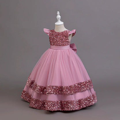 2025 New Elegant Girl Wedding Dress Sequined Mesh Princess Dress 4-12 Year Old Girl Graduation Party Prom Evening Dress