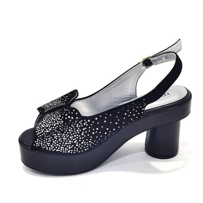 Silver Fashion Square Heels with Platform African Women Shoes and Bag Set Full Crystal Pumps for Wedding Party