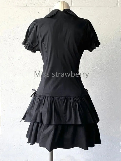 Summer Chic Vintage Black Short Sleeve Dress Women High Street Y2k Patchwork Slim Lapel Gothic Dresses Retro Hot Girl Clothing