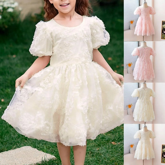 New Summer Teenager Girl Dress Solid Color Short Puff Sleeves Square Collar 3D Flower Sequined Baby Princess Dresses 2025
